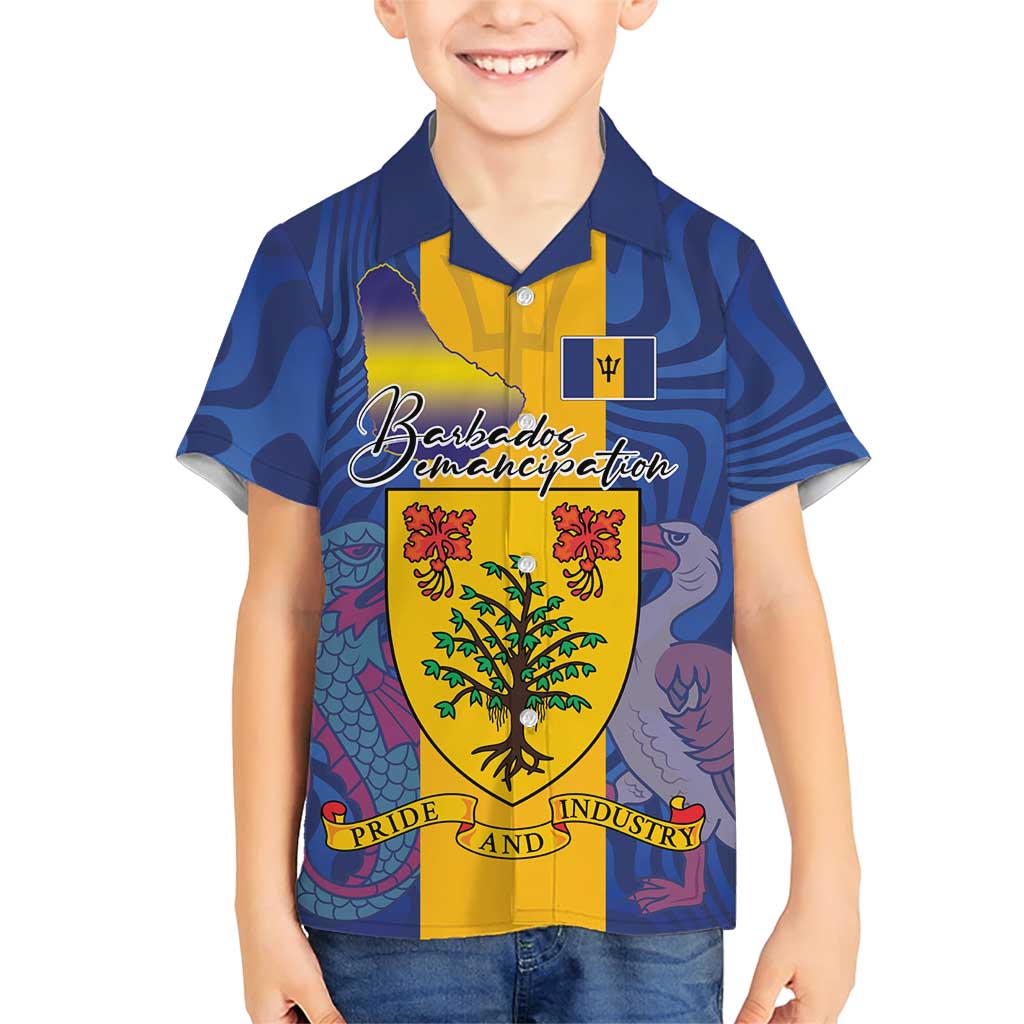 Personalised Barbados Emancipation Day Family Matching Short Sleeve Bodycon Dress and Hawaiian Shirt Coat of Arms and Map National Flag Style - Wonder Print Shop
