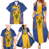 Personalised Barbados Emancipation Day Family Matching Summer Maxi Dress and Hawaiian Shirt Coat of Arms and Map National Flag Style - Wonder Print Shop