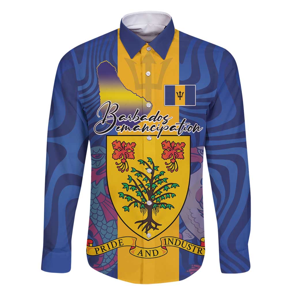 Personalised Barbados Emancipation Day Family Matching Summer Maxi Dress and Hawaiian Shirt Coat of Arms and Map National Flag Style - Wonder Print Shop