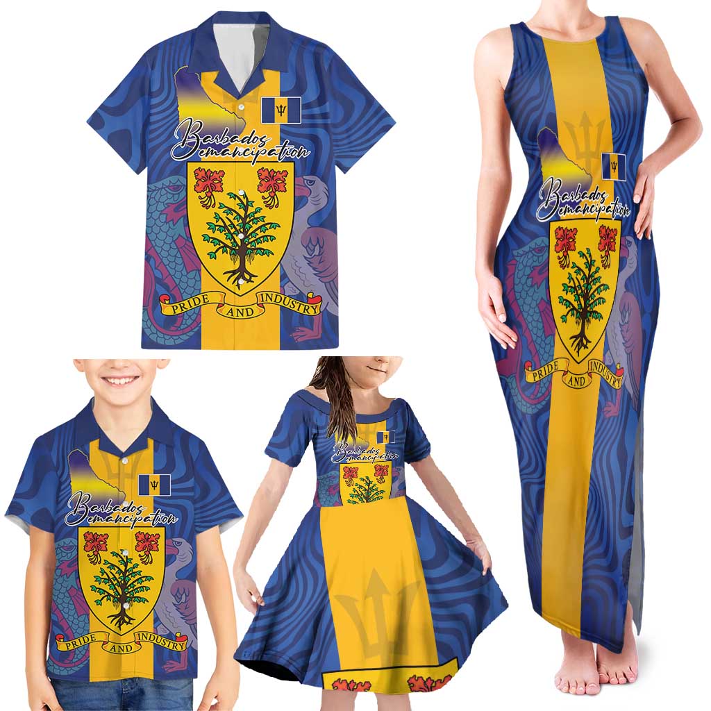 Personalised Barbados Emancipation Day Family Matching Tank Maxi Dress and Hawaiian Shirt Coat of Arms and Map National Flag Style - Wonder Print Shop