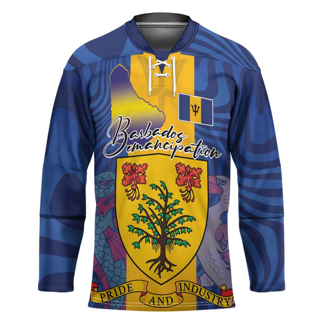 Personalised Barbados Emancipation Day Hockey Jersey Coat of Arms and Map National Flag Style - Wonder Print Shop