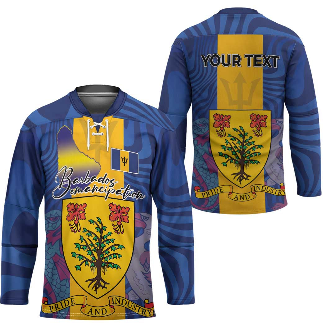 Personalised Barbados Emancipation Day Hockey Jersey Coat of Arms and Map National Flag Style - Wonder Print Shop