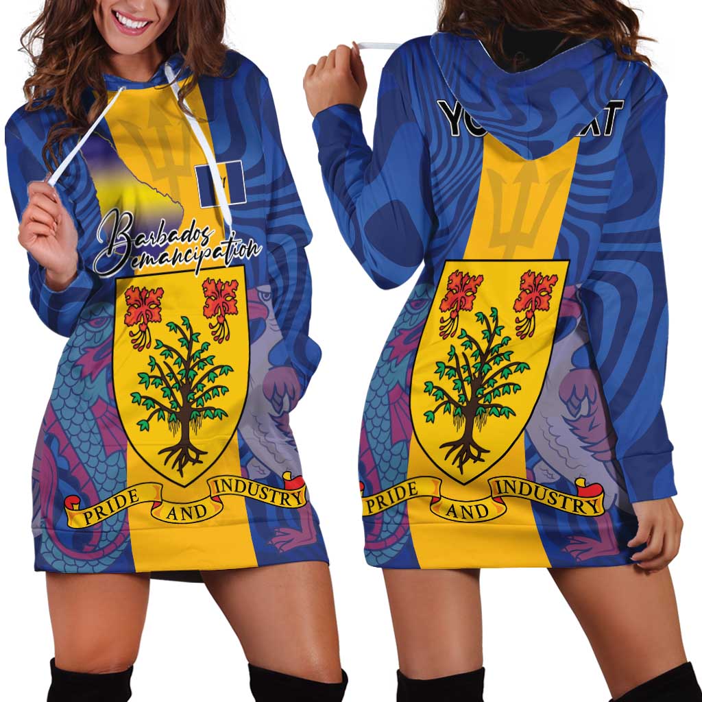 Personalised Barbados Emancipation Day Hoodie Dress Coat of Arms and Map National Flag Style - Wonder Print Shop