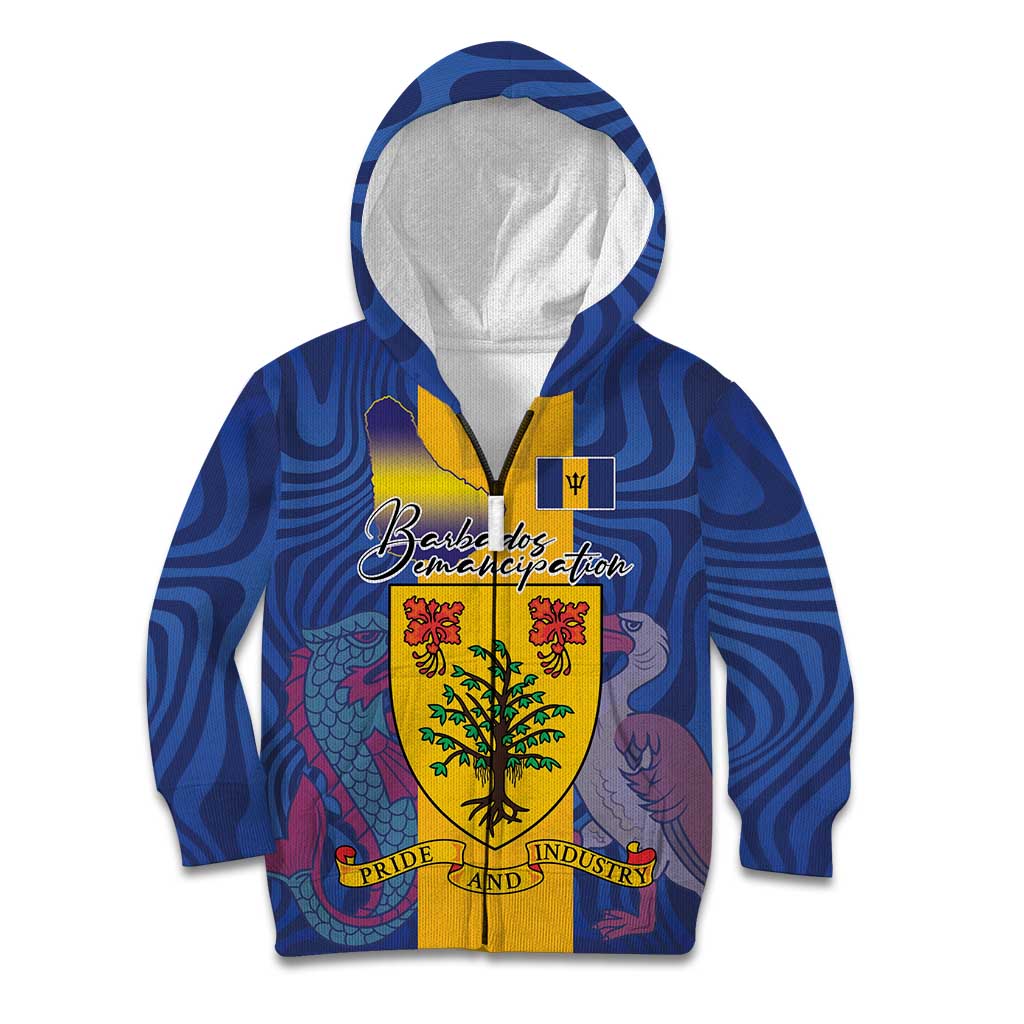 Personalised Barbados Emancipation Day Kid Hoodie Coat of Arms and Map National Flag Style - Wonder Print Shop