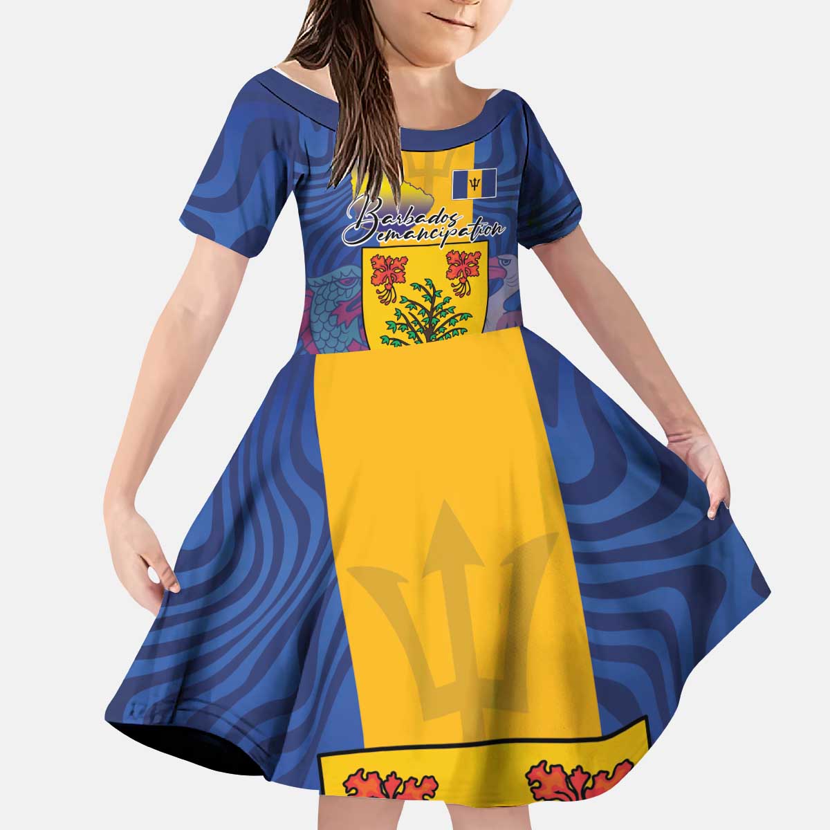 Personalised Barbados Emancipation Day Kid Short Sleeve Dress Coat of Arms and Map National Flag Style - Wonder Print Shop