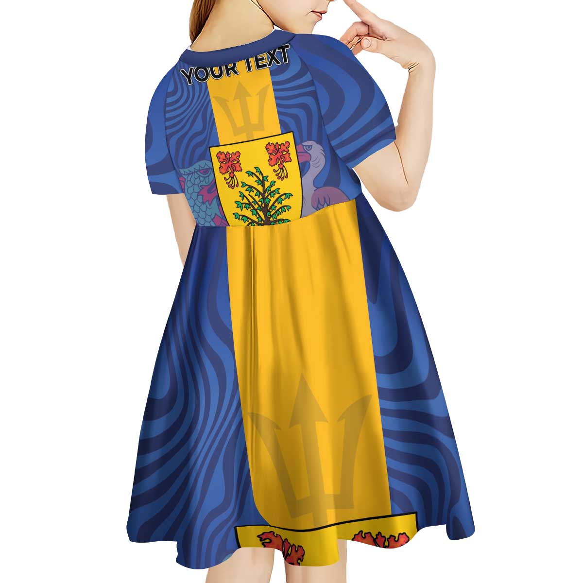 Personalised Barbados Emancipation Day Kid Short Sleeve Dress Coat of Arms and Map National Flag Style - Wonder Print Shop