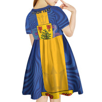 Personalised Barbados Emancipation Day Kid Short Sleeve Dress Coat of Arms and Map National Flag Style - Wonder Print Shop