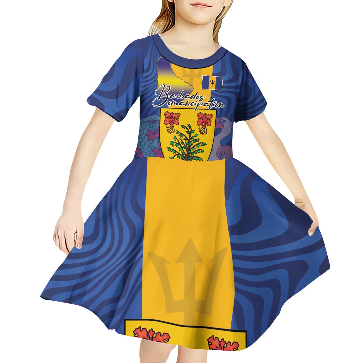 Personalised Barbados Emancipation Day Kid Short Sleeve Dress Coat of Arms and Map National Flag Style - Wonder Print Shop