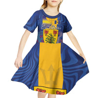 Personalised Barbados Emancipation Day Kid Short Sleeve Dress Coat of Arms and Map National Flag Style - Wonder Print Shop
