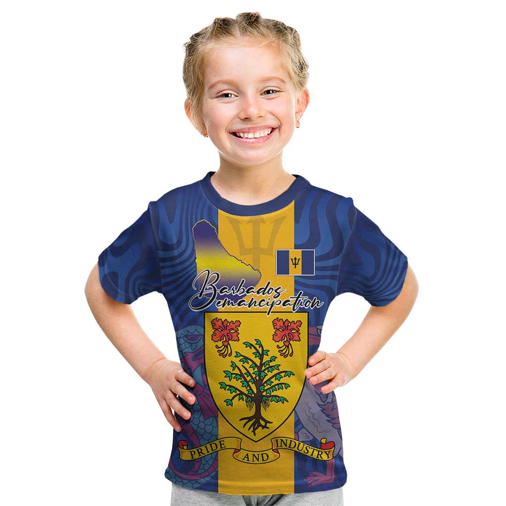 Personalised Barbados Emancipation Day Kid T Shirt Coat of Arms and Map National Flag Style - Wonder Print Shop