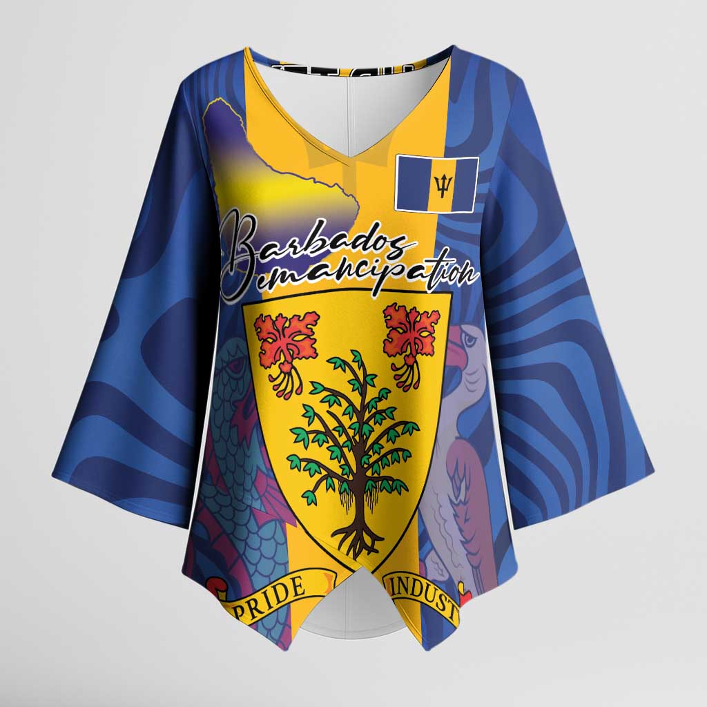 Personalised Barbados Emancipation Day Kimono Sleeve Blouse Coat of Arms and Map National Flag Style - Wonder Print Shop