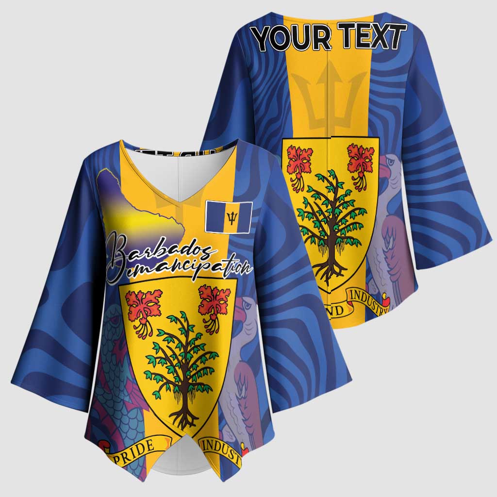 Personalised Barbados Emancipation Day Kimono Sleeve Blouse Coat of Arms and Map National Flag Style - Wonder Print Shop