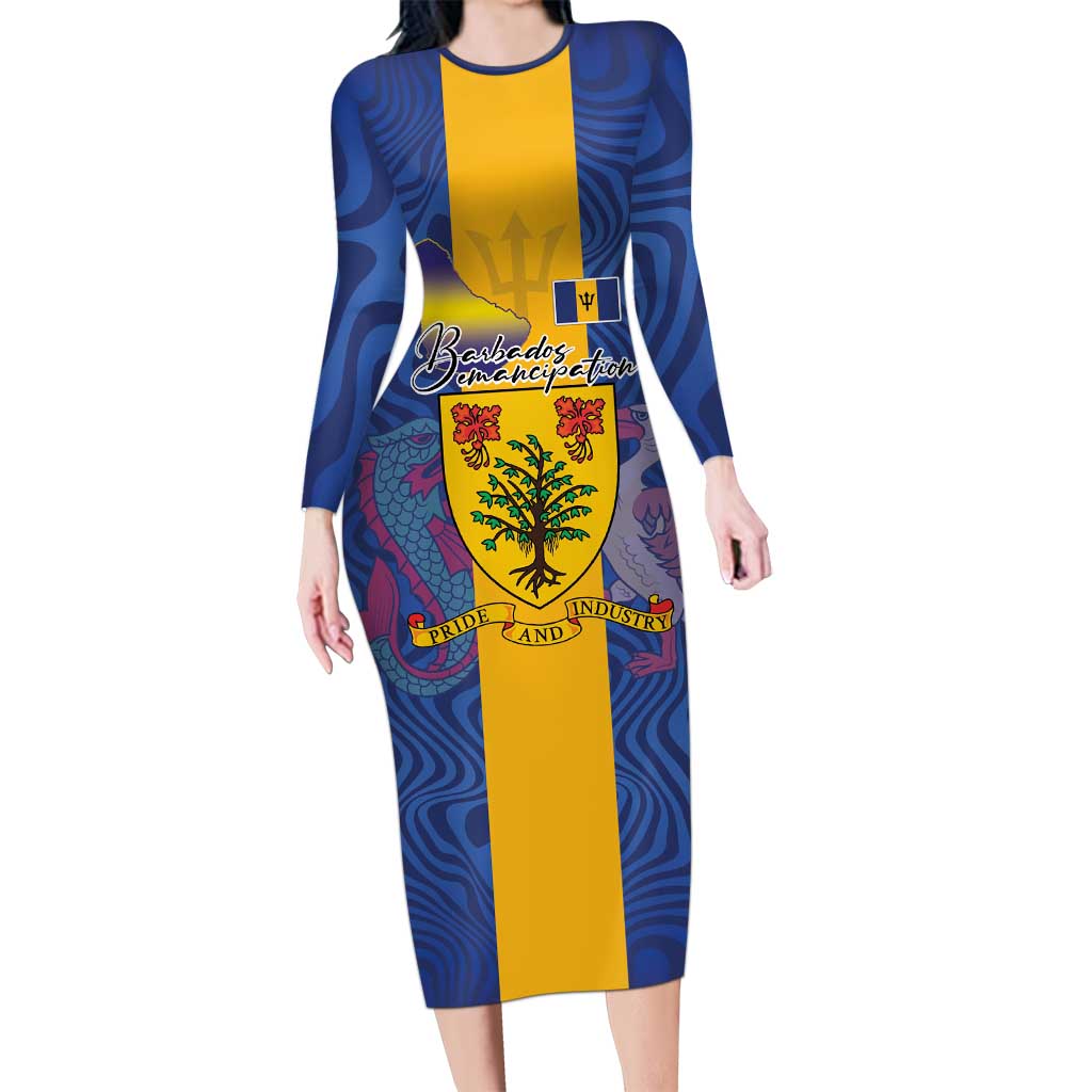 Personalised Barbados Emancipation Day Long Sleeve Bodycon Dress Coat of Arms and Map National Flag Style - Wonder Print Shop