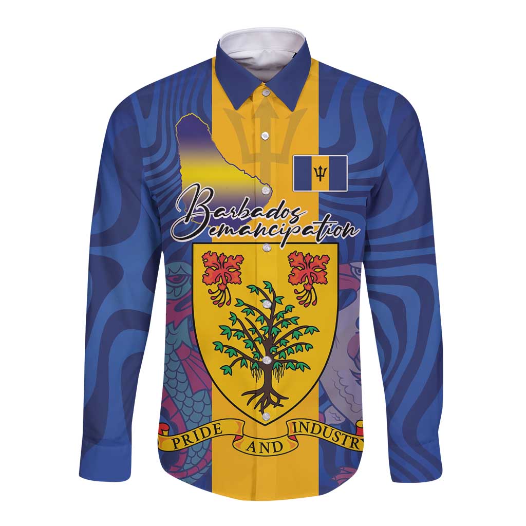 Personalised Barbados Emancipation Day Long Sleeve Button Shirt Coat of Arms and Map National Flag Style - Wonder Print Shop