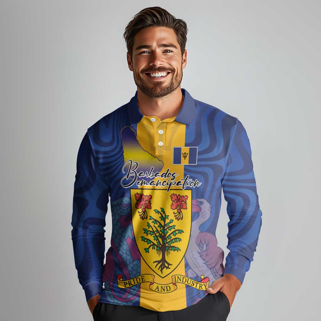 Personalised Barbados Emancipation Day Long Sleeve Polo Shirt Coat of Arms and Map National Flag Style - Wonder Print Shop