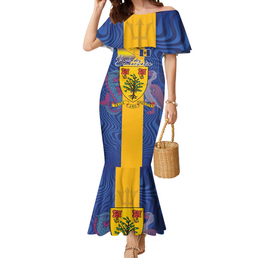 Personalised Barbados Emancipation Day Mermaid Dress Coat of Arms and Map National Flag Style - Wonder Print Shop