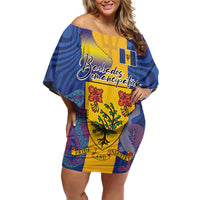 Personalised Barbados Emancipation Day Off Shoulder Short Dress Coat of Arms and Map National Flag Style - Wonder Print Shop