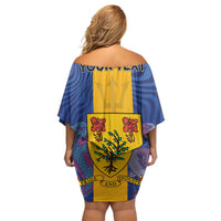 Personalised Barbados Emancipation Day Off Shoulder Short Dress Coat of Arms and Map National Flag Style - Wonder Print Shop