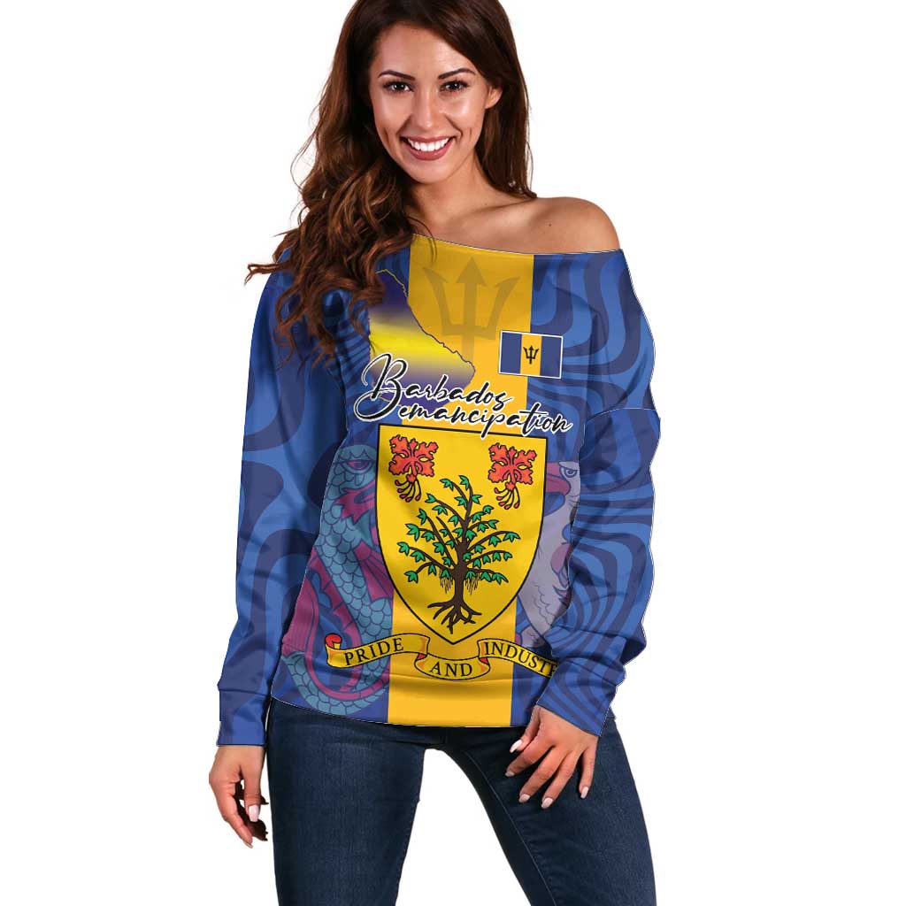 Personalised Barbados Emancipation Day Off Shoulder Sweater Coat of Arms and Map National Flag Style - Wonder Print Shop