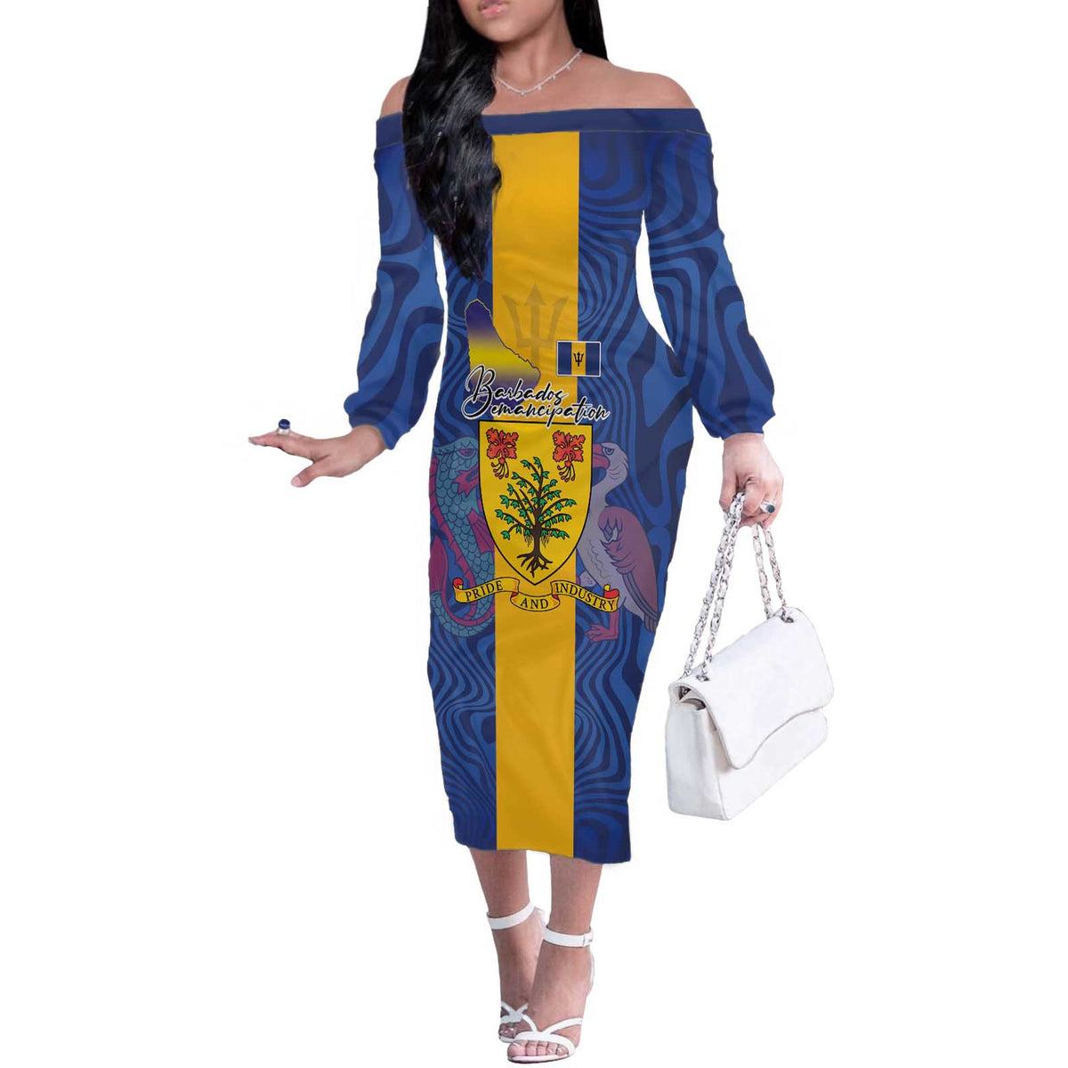 Personalised Barbados Emancipation Day Off The Shoulder Long Sleeve Dress Coat of Arms and Map National Flag Style - Wonder Print Shop
