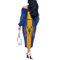 Personalised Barbados Emancipation Day Off The Shoulder Long Sleeve Dress Coat of Arms and Map National Flag Style - Wonder Print Shop
