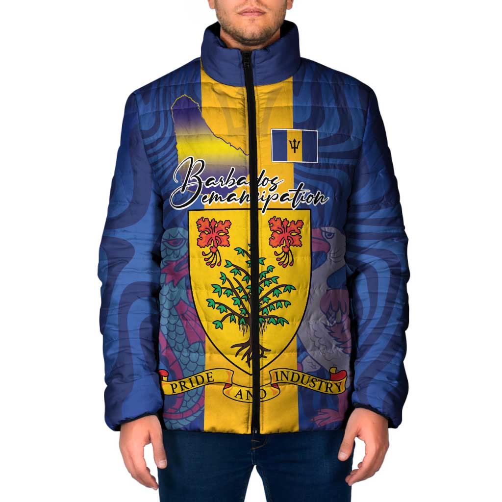 Personalised Barbados Emancipation Day Padded Jacket Coat of Arms and Map National Flag Style - Wonder Print Shop