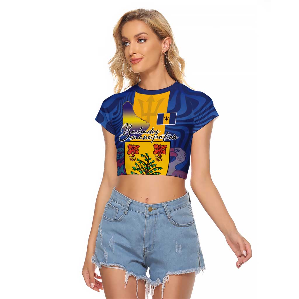 Personalised Barbados Emancipation Day Raglan Cropped T Shirt Coat of Arms and Map National Flag Style - Wonder Print Shop