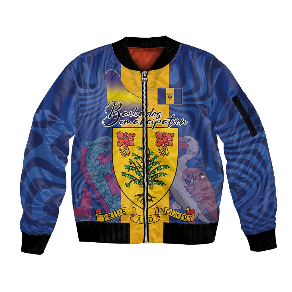 Personalised Barbados Emancipation Day Sleeve Zip Bomber Jacket Coat of Arms and Map National Flag Style - Wonder Print Shop