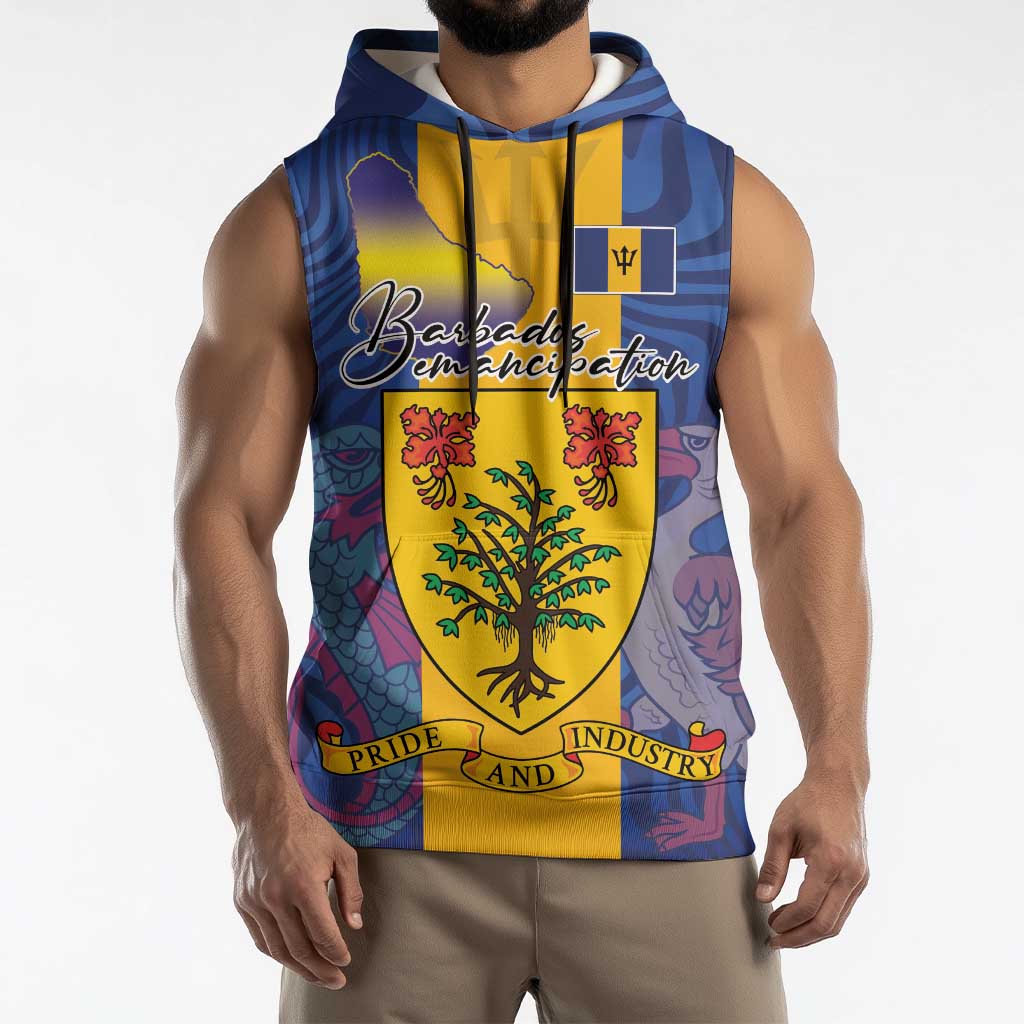 Personalised Barbados Emancipation Day Sleeveless Hoodie Coat of Arms and Map National Flag Style - Wonder Print Shop