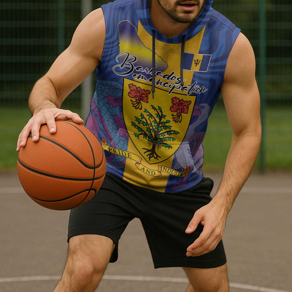 Personalised Barbados Emancipation Day Sleeveless Hoodie Coat of Arms and Map National Flag Style - Wonder Print Shop