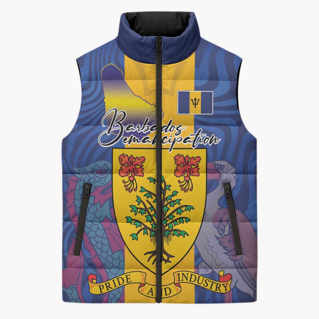 Personalised Barbados Emancipation Day Sleeveless Puffer Jacket Coat of Arms and Map National Flag Style - Wonder Print Shop