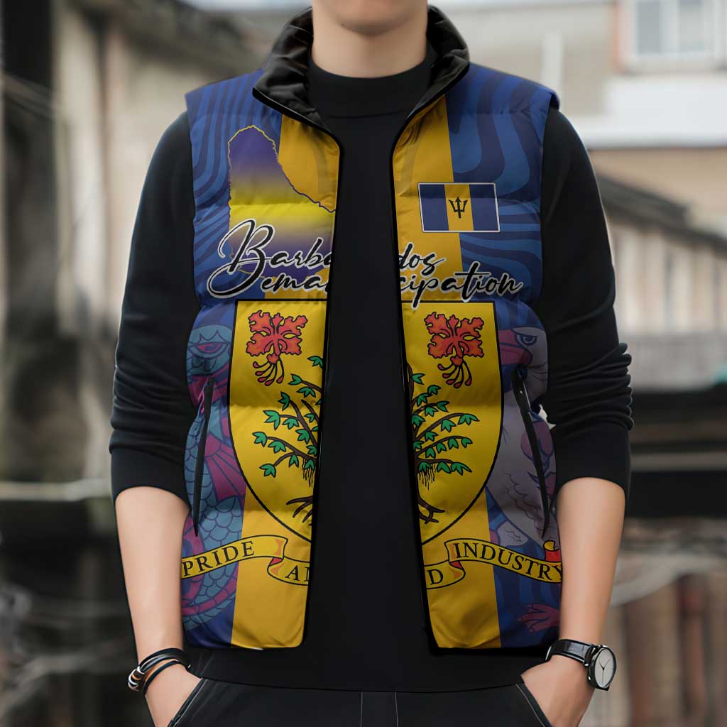 Personalised Barbados Emancipation Day Sleeveless Puffer Jacket Coat of Arms and Map National Flag Style - Wonder Print Shop