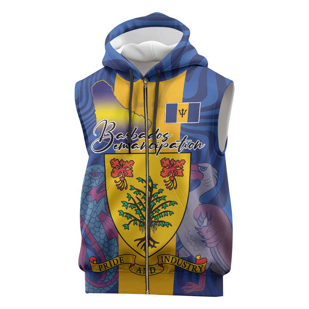 Personalised Barbados Emancipation Day Sleeveless Zip Hoodie Coat of Arms and Map National Flag Style - Wonder Print Shop