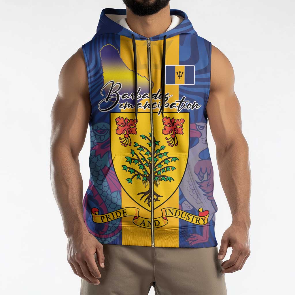 Personalised Barbados Emancipation Day Sleeveless Zip Hoodie Coat of Arms and Map National Flag Style - Wonder Print Shop