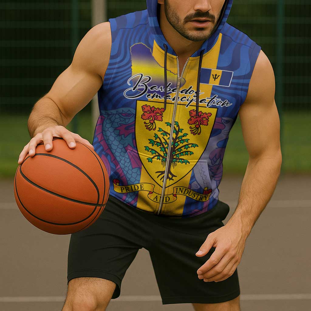 Personalised Barbados Emancipation Day Sleeveless Zip Hoodie Coat of Arms and Map National Flag Style - Wonder Print Shop