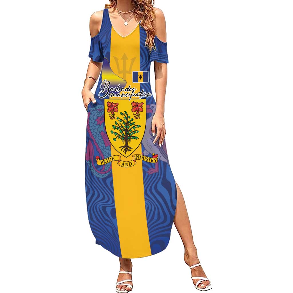 Personalised Barbados Emancipation Day Summer Maxi Dress Coat of Arms and Map National Flag Style - Wonder Print Shop