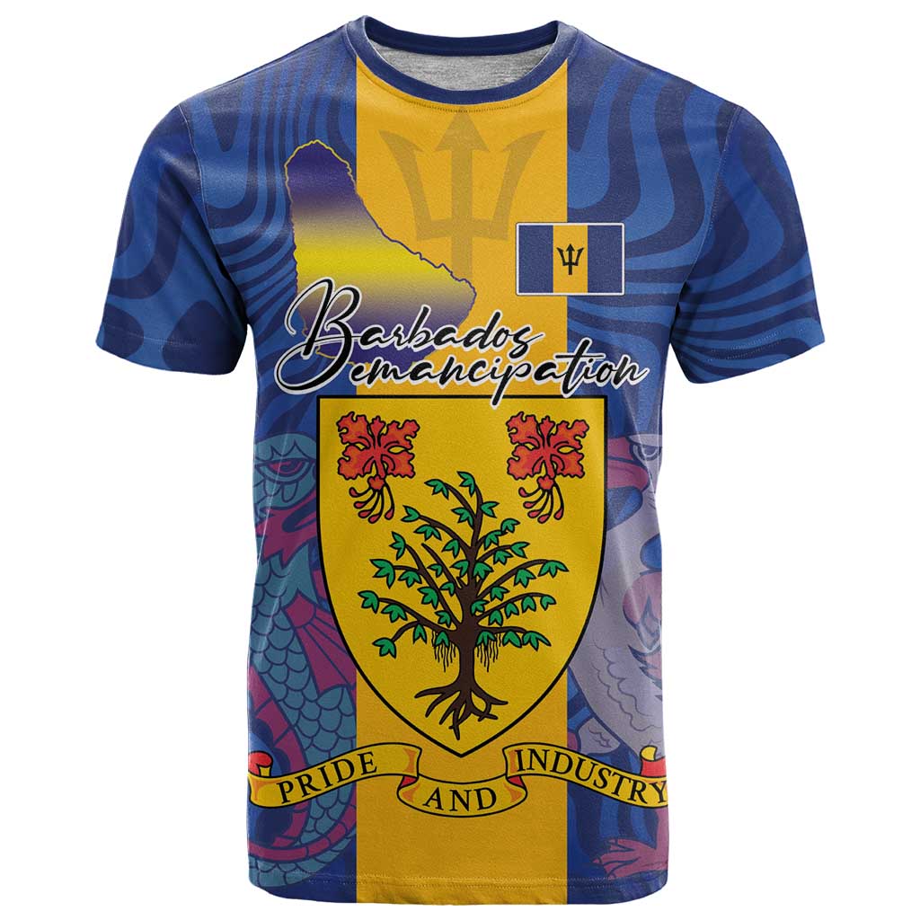 Personalised Barbados Emancipation Day T Shirt Coat of Arms and Map National Flag Style - Wonder Print Shop