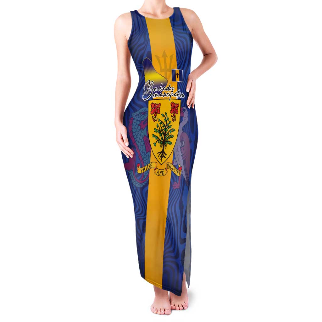 Personalised Barbados Emancipation Day Tank Maxi Dress Coat of Arms and Map National Flag Style - Wonder Print Shop