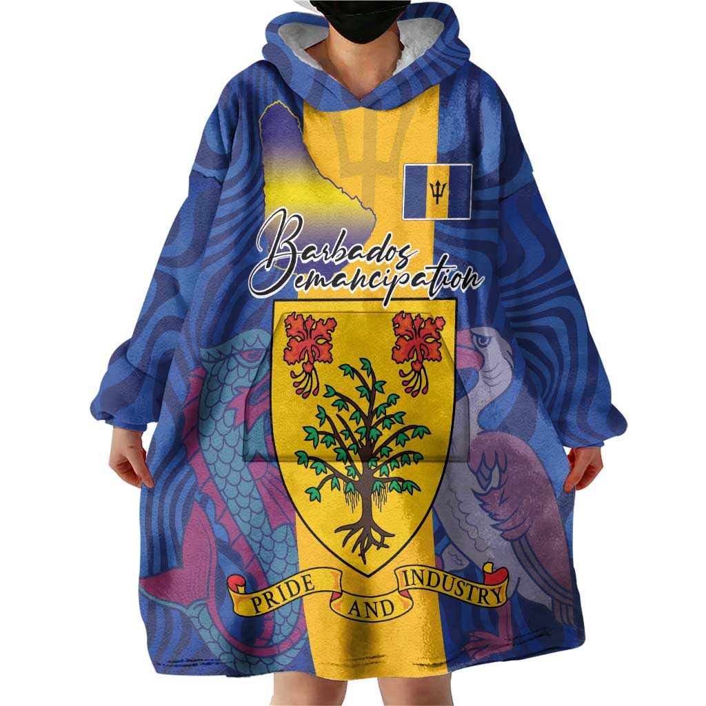 Personalised Barbados Emancipation Day Wearable Blanket Hoodie Coat of Arms and Map National Flag Style - Wonder Print Shop