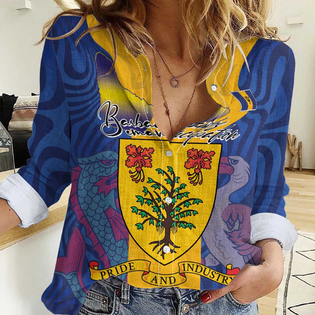Personalised Barbados Emancipation Day Women Casual Shirt Coat of Arms and Map National Flag Style - Wonder Print Shop