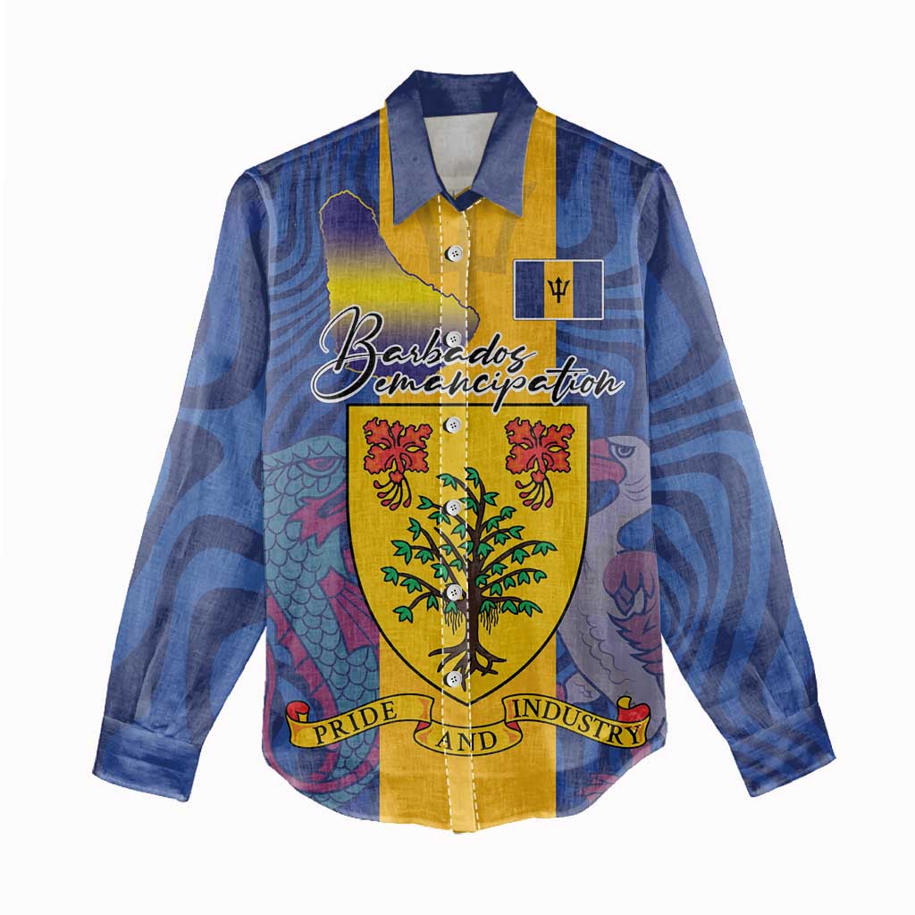 Personalised Barbados Emancipation Day Women Casual Shirt Coat of Arms and Map National Flag Style - Wonder Print Shop