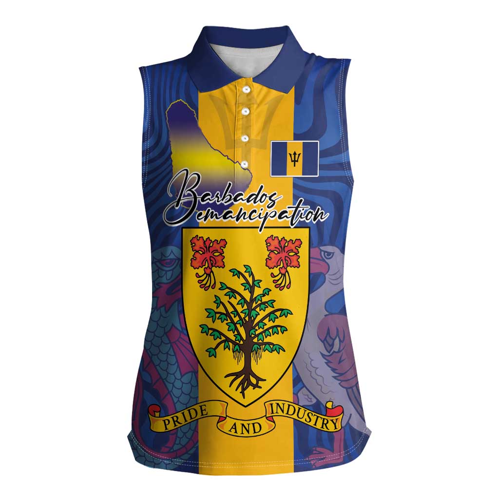 Personalised Barbados Emancipation Day Women Sleeveless Polo Shirt Coat of Arms and Map National Flag Style - Wonder Print Shop