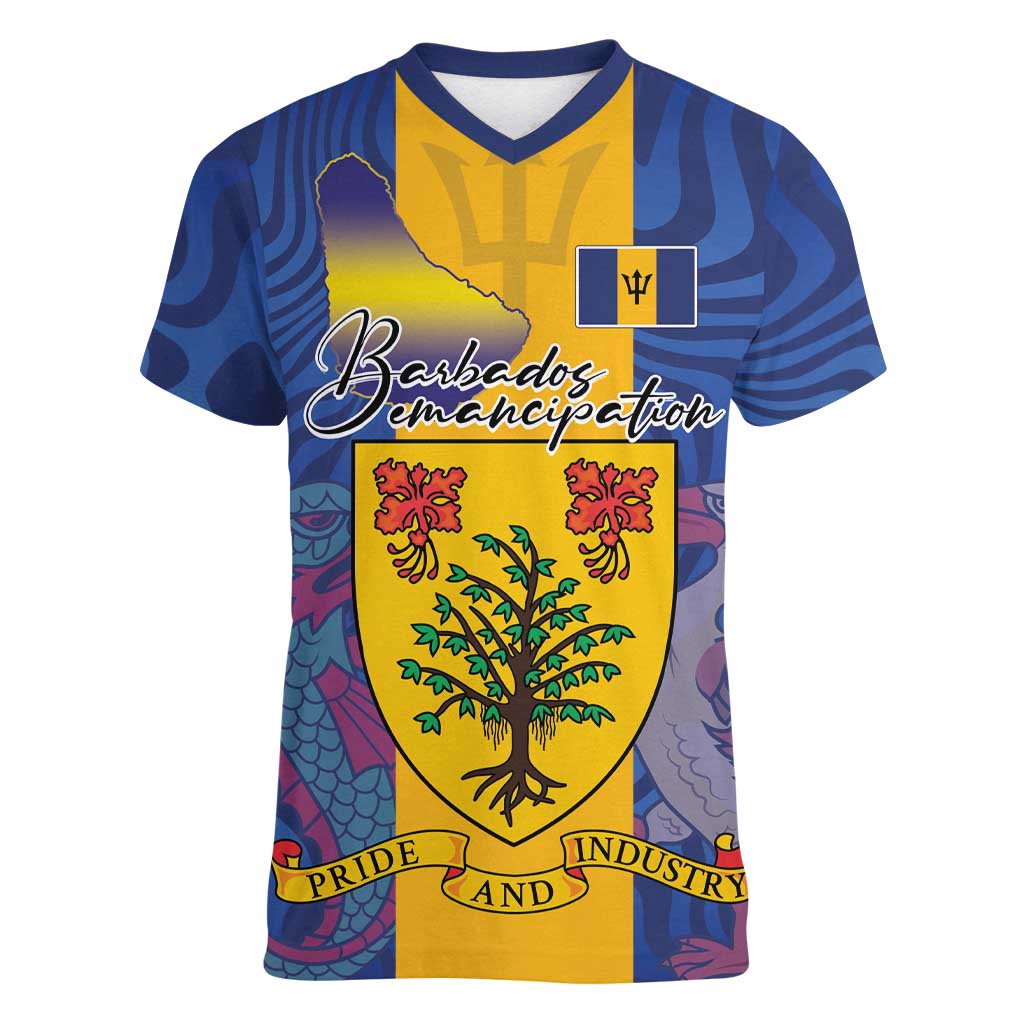 Personalised Barbados Emancipation Day Women V-Neck T-Shirt Coat of Arms and Map National Flag Style - Wonder Print Shop