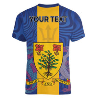 Personalised Barbados Emancipation Day Women V-Neck T-Shirt Coat of Arms and Map National Flag Style - Wonder Print Shop