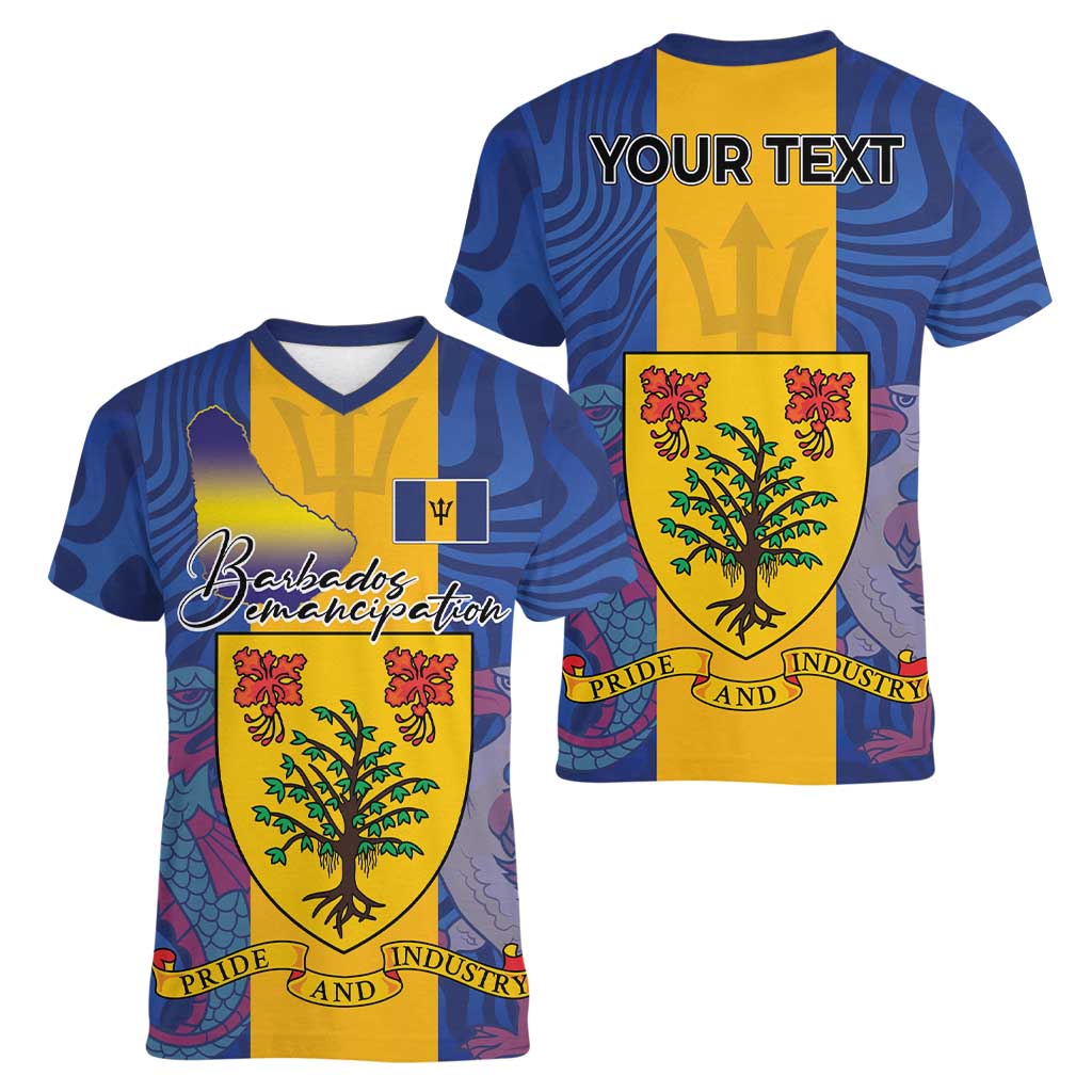 Personalised Barbados Emancipation Day Women V-Neck T-Shirt Coat of Arms and Map National Flag Style - Wonder Print Shop