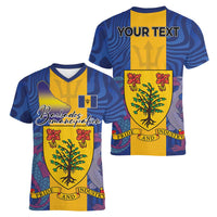 Personalised Barbados Emancipation Day Women V-Neck T-Shirt Coat of Arms and Map National Flag Style - Wonder Print Shop