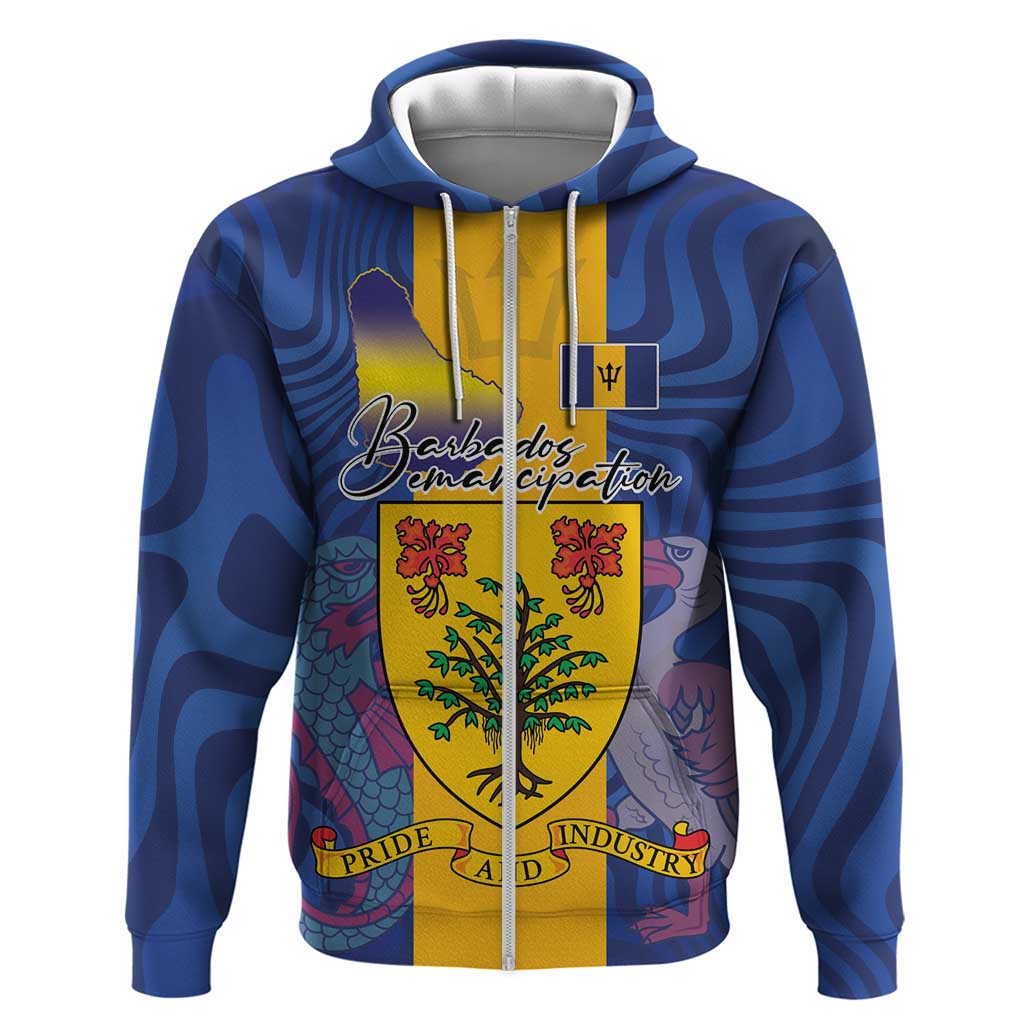Personalised Barbados Emancipation Day Zip Hoodie Coat of Arms and Map National Flag Style - Wonder Print Shop