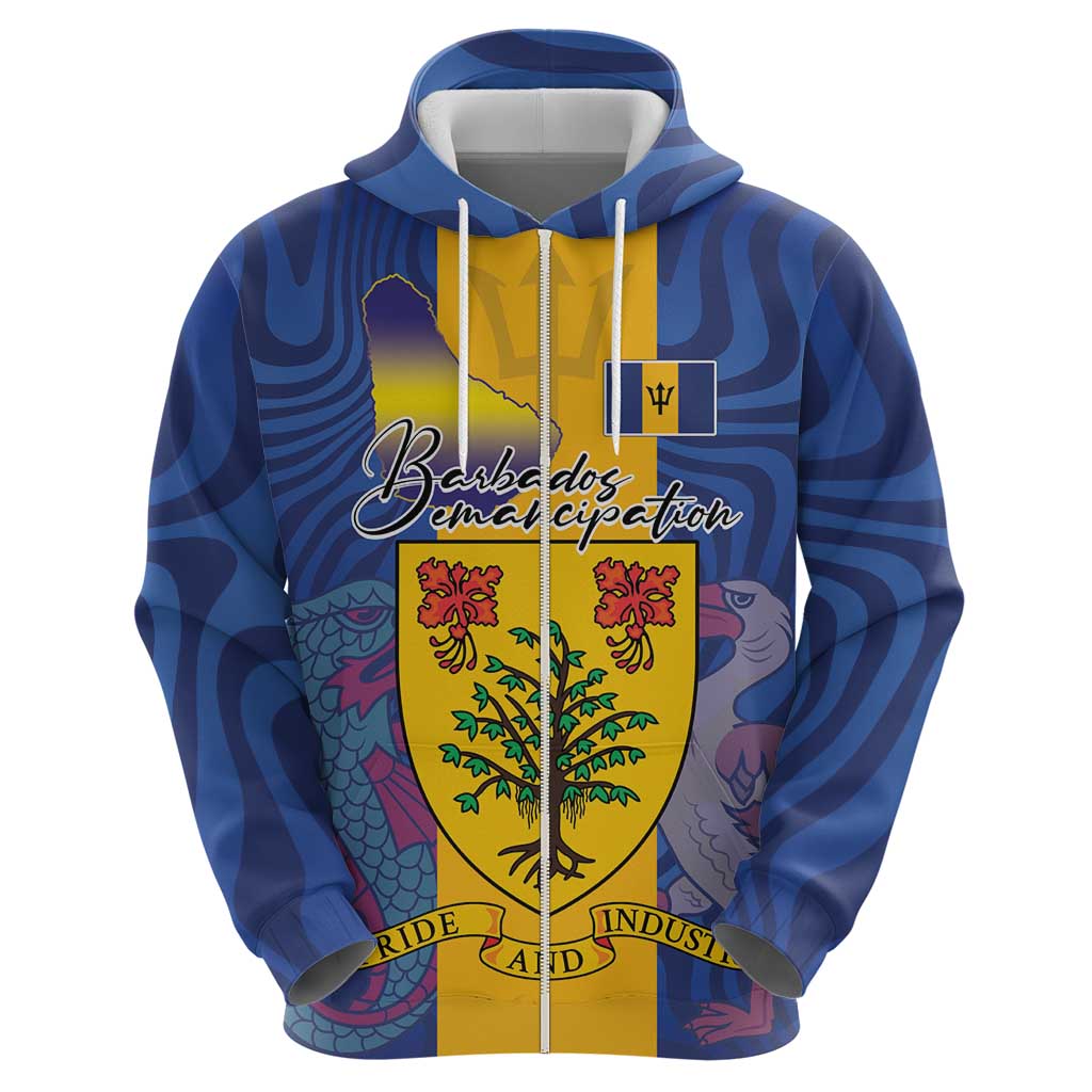 Personalised Barbados Emancipation Day Zip Hoodie Coat of Arms and Map National Flag Style - Wonder Print Shop
