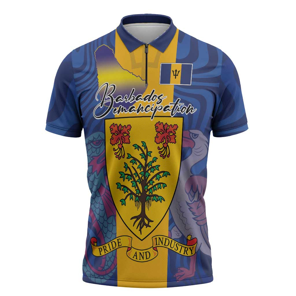 Personalised Barbados Emancipation Day Zipper Polo Shirt Coat of Arms and Map National Flag Style - Wonder Print Shop