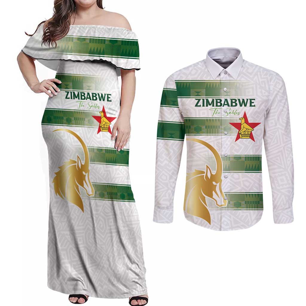 Custom Zimbabwe Rugby The Champions 2025 Couples Matching Off Shoulder Maxi Dress and Long Sleeve Button Shirt The Gold Sables Version - Wonder Print Shop